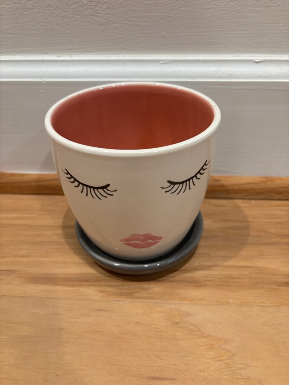 MOVING HOUSE SALE!! Face Planter Pot with Pink Interior and Lip Detail